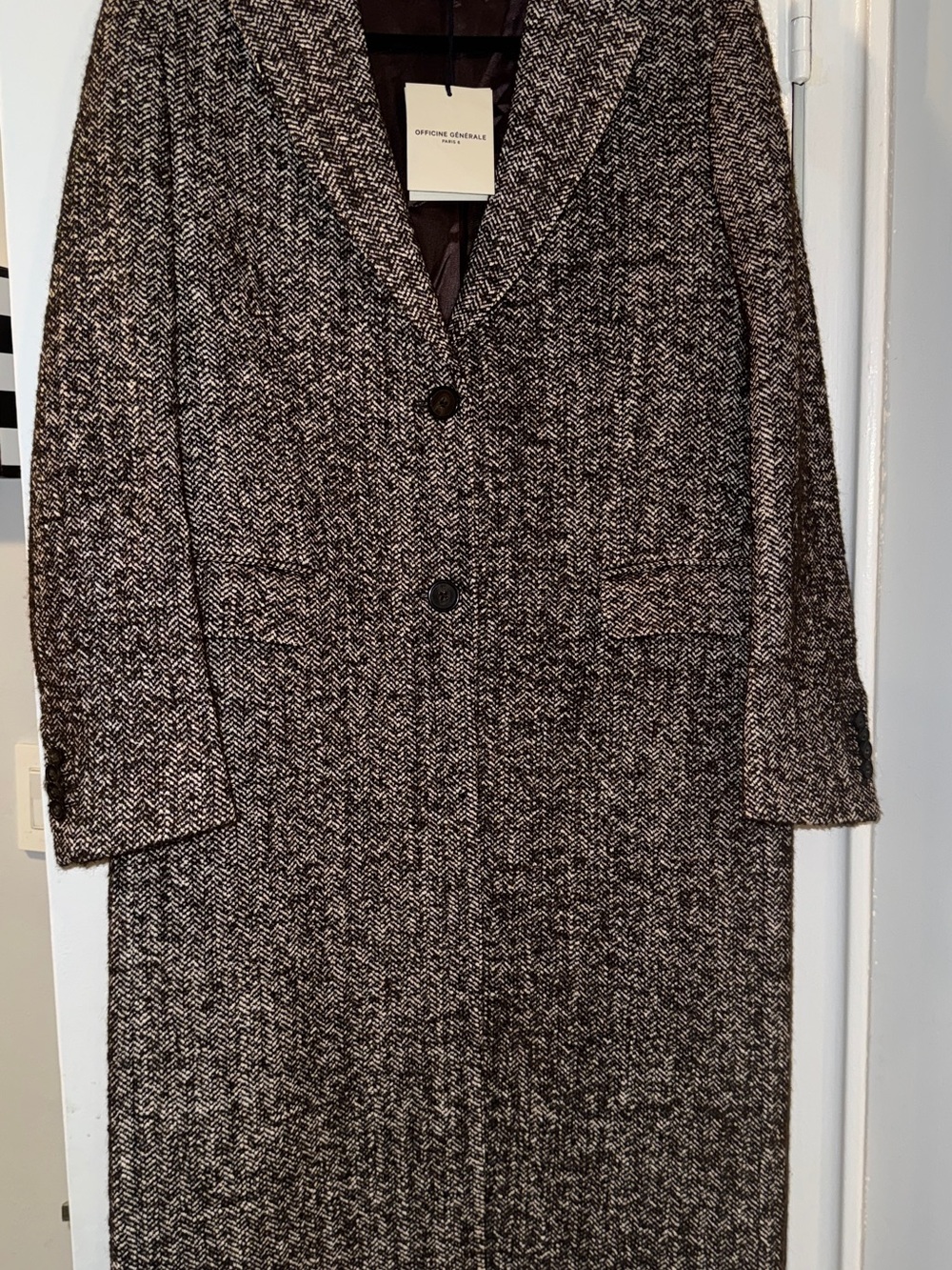 Officine Generale Black and White Herringbone Wool-Blend Trench Coat